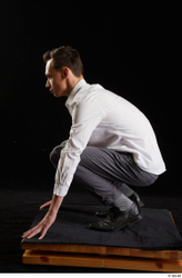 Whole Body Man White Shoes Shirt Trousers Slim Kneeling Studio photo references